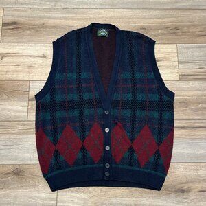 VTG Jantzen Knit Cardigan Sweater Vest Plaid SZ XL Multicolor USA Made Grandpa